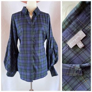 Anthropologie Greyson Plaid Tartan Balloon Sleeve Blouse Button Top Sz M